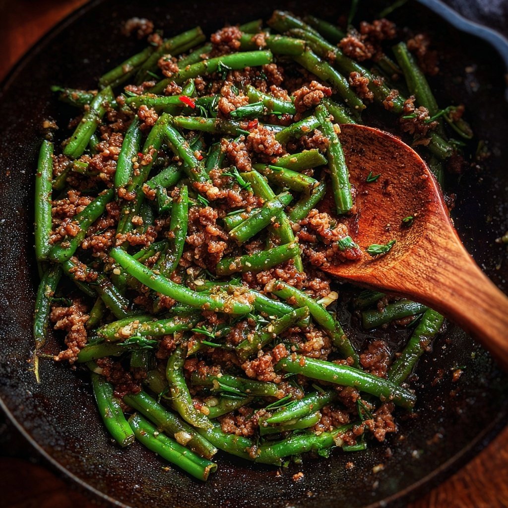 Hackfleisch und grüne Bohnen Pfanne
